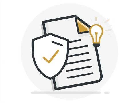 A patent document along with a shield and lightbulb symbolizing compliance in a business setting with a modern design.