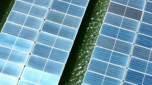 Drone view of industrial solar panels floating on water, demonstrating advanced solar technology, eco friendly power generation, and the global movement toward clean energy.
