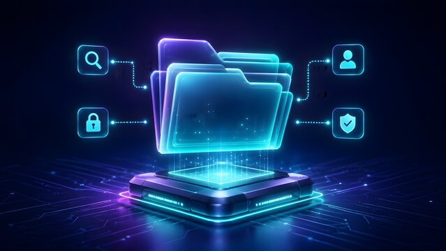 Neon Glowing Folder System With Digital Workflow And Security Access Control Icons