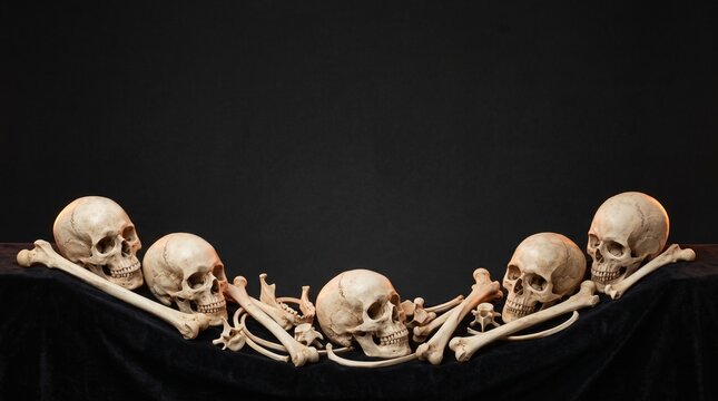 A row of human skulls and bones against a dark dramatic background