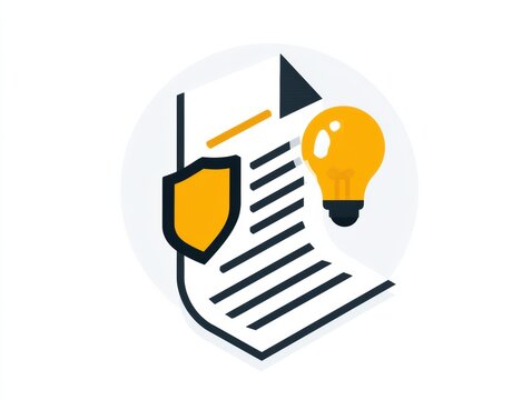 This artwork features a patent document with a shield and lightbulb, focusing on intellectual property compliance in a corporate style.
