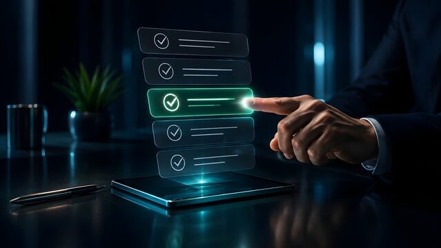 Businessman Interacting With Holographic Document Checklist And Verification Workflow On Tablet