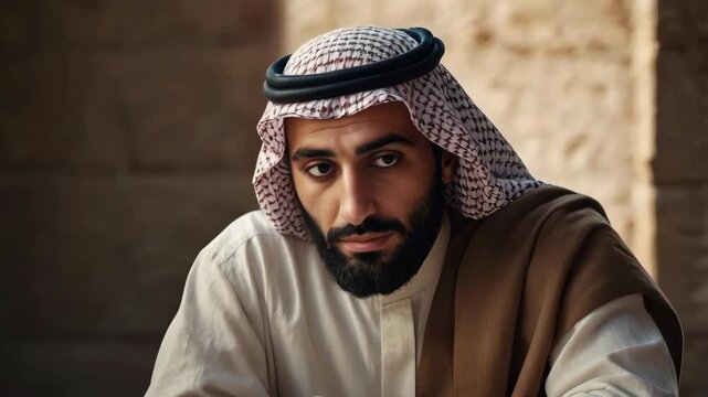 Bearded Arab Middle Eastern Adult Man in Traditional Clothing and Headscarf Indoors Thinking