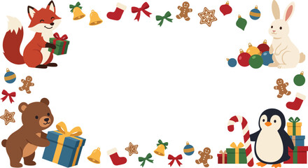 Fototapeta premium Festive Christmas frame copy space background with animals holding gifts and decorations, ideal for seasonal greetings.