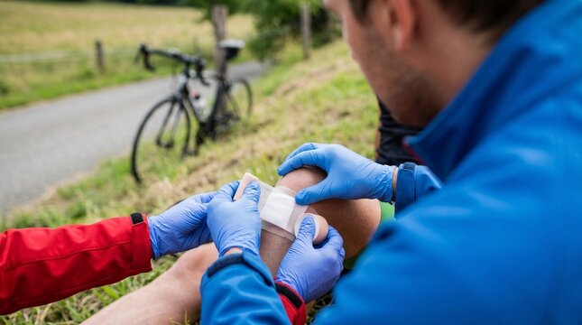 Close-up of paramedics wearing blue gloves placing a sterile adhesive dressing and elastic bandage on a cyclist's scraped knee by a bicycle