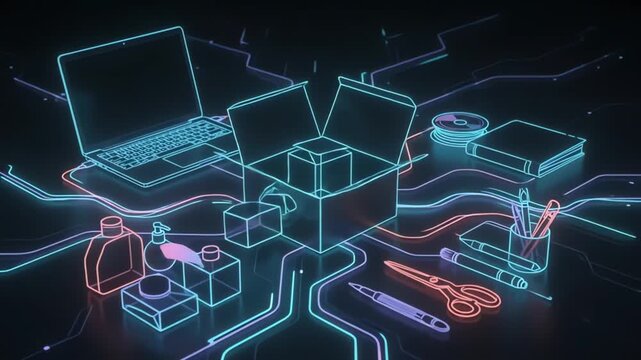 Futuristic laptop with glowing blue tech elements and abstract shapes