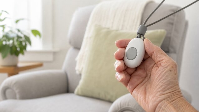 Older adult hand holding a simple emergency call pendant, ideal for personal safety, caregiver support and independent aging at home
