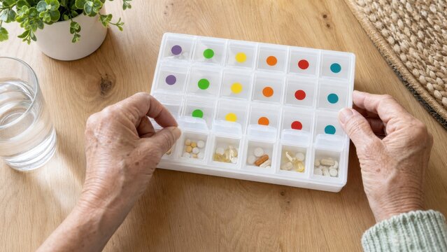 Older adult hands filling a large easy-open weekly pill organizer, ideal for medication management, healthy aging and independent living