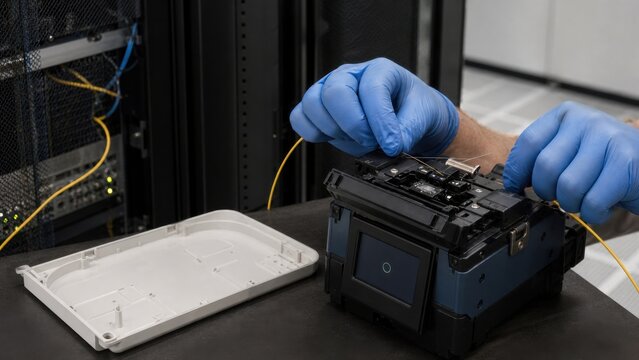 Gloved hands splicing fiber optic cable for a data center network, ideal for data center efficiency, power systems and cooling technology