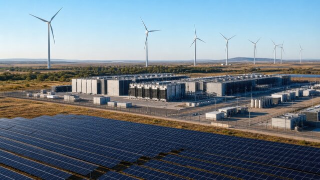 Data center campus supplied by nearby solar panels and wind turbines, for data center efficiency, power systems and cooling technology