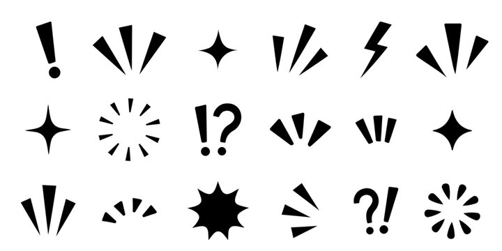 Set of black comic book burst symbols, exclamation marks, question marks, and stars isolated on white background. Graphic accent marks collection for cartoon design and expression.