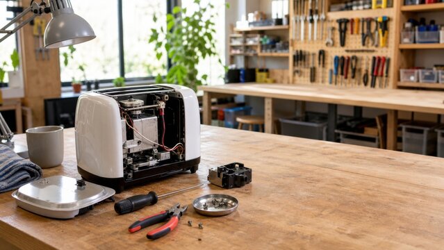 Community repair cafe workbench with an opened small appliance, organized hand tools and replacement parts, commercial stock photograph