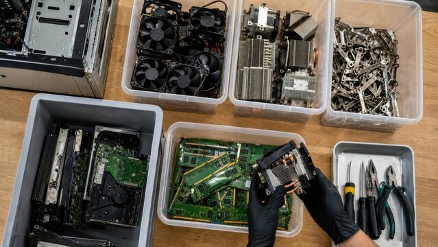 Usable components being recovered from retired desktop computers, ideal for circular economy, repair culture, reuse systems and waste reduction