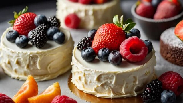 Fresh Berry Cake with Creamy Frosting, Citrus Fruit Garnish, and Chocolate Dessert Layers