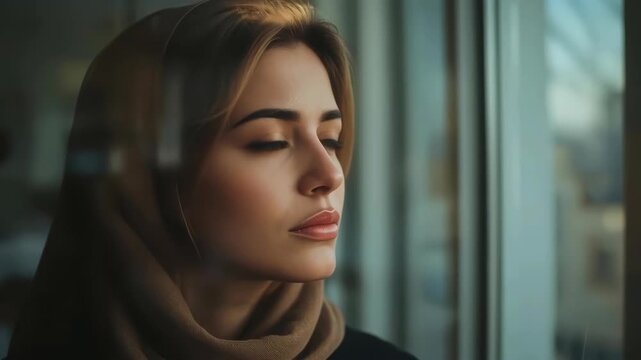 Thoughtful Young Woman Wearing Brown Scarf Near Window With Quiet Expression On Face