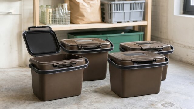 Sealed reusable kitchen caddies prepared for municipal food scrap collection, for repair, reuse, recycling and sustainable consumption
