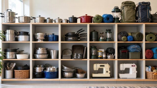Community library of useful objects including cookware, camping gear and sewing machine, ideal for circular economy and material reuse
