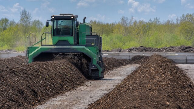 Mechanical windrow turner aerating mature community compost, ideal for circular economy, repair culture, reuse systems and waste reduction