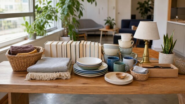 Neatly arranged useful household items on a free community swap table, ideal for repair, reuse, recycling and sustainable consumption
