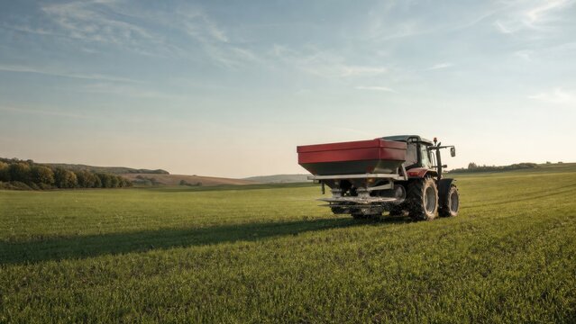 Variable-rate fertilizer spreader working across a field with minimal material visible, ideal for sustainable farming and healthy soil