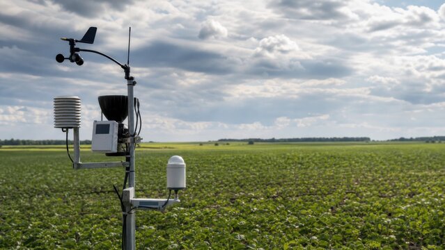 Compact agricultural weather station monitoring field conditions, ideal for regenerative farming, soil conservation and climate resilience