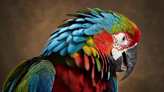 Colorful Macaw Parrot Portrait with Vivid Feather Detail and Curved Beak Closeup