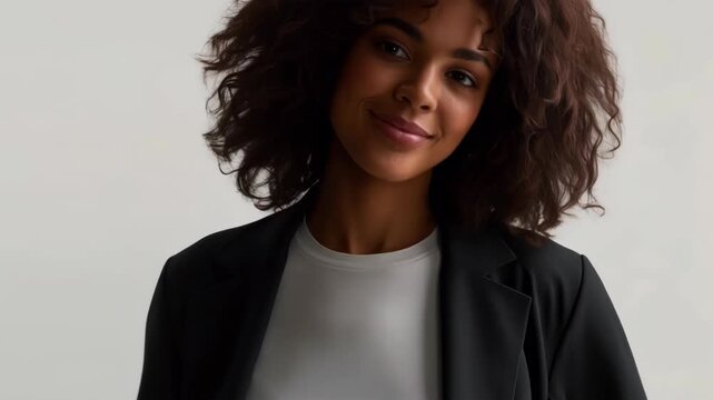 Woman with Curly Hair in Black Blazer and Gray Shirt, Confident Expression Portrait