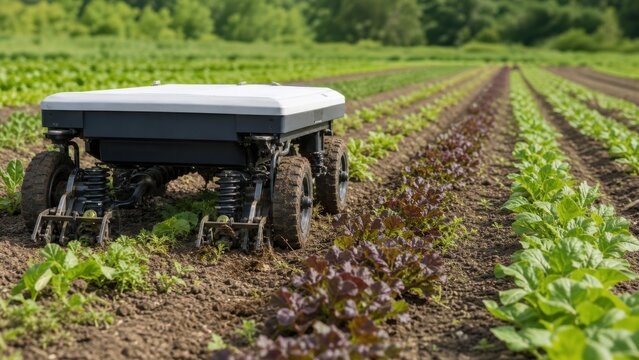 Small autonomous field robot mechanically removing weeds between vegetable rows, useful commercial concept with generous copy space