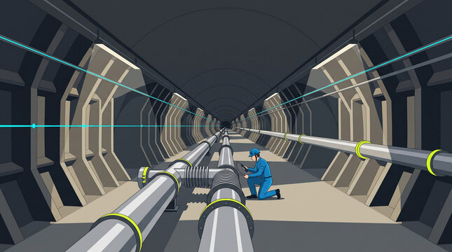 Isometric Vector Illustration of Particle Accelerator Synchrotron Beamline Tunnel