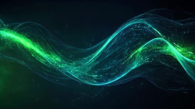 Abstract Turquoise Wave with Luminous Green Particle Flow Through Dark Space Background
