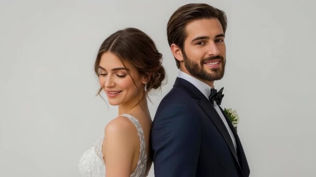 Wedding Couple Portrait Featuring Joyful Bride Groom Formal Attire Gentle Smiles and Elegant Style