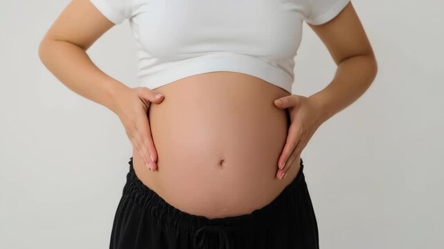 Pregnant Woman Holding Rounded Belly with Gentle Anticipation, Maternity Pregnancy Care Gesture