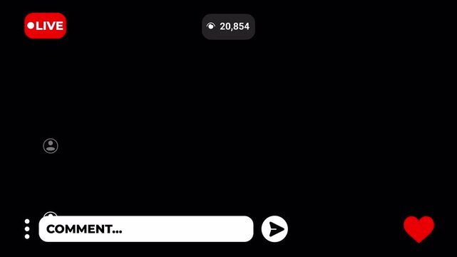 4K Social Media Live Stream UI Overlay, Chat Comments, Like Fountain and Viewers Badge ,Live Streaming overlay animation for social media, social media live streaming tempelates with flying hearts.