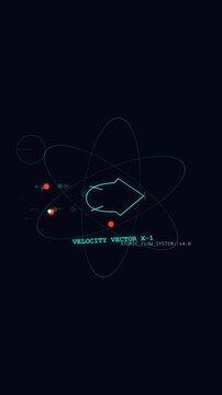 Orbital particle paths with velocity vector text indicator.