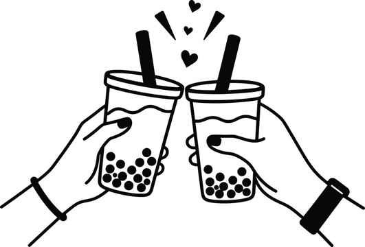 Bubble Tea Toast Vector Illustration Hands Clinking Milk Tea Cups Celebration Drink.