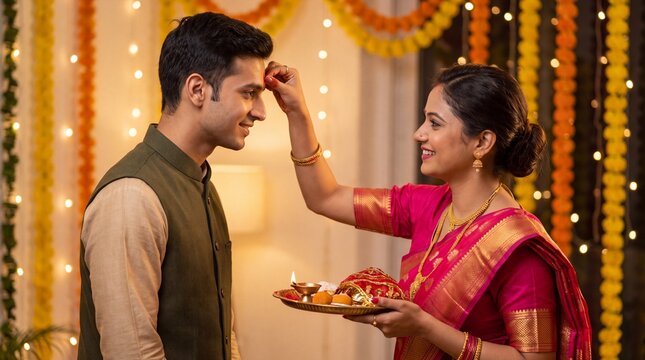 Beautiful Indian wife putting tikka on her husband's forehead on the occasion of Karwa Chauth . Young newly married couple celebrating their first Karwa Chauth together in traditional wear - ... See M
