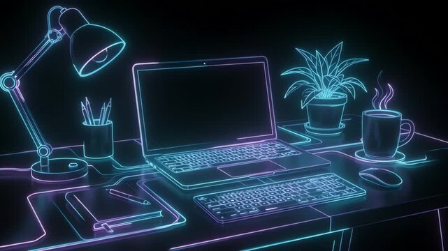 Neon glowing desk lamp and coffee cup with steam on dark background