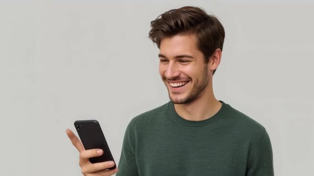Smiling Young Adult Man Holding Smartphone Using Modern Technology Against Gray Neutral Background