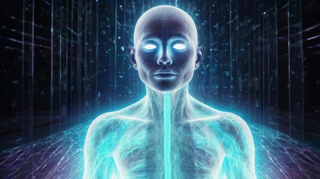 Luminous Humanoid Anatomy Figure Glowing in Futuristic Digital Data Environment