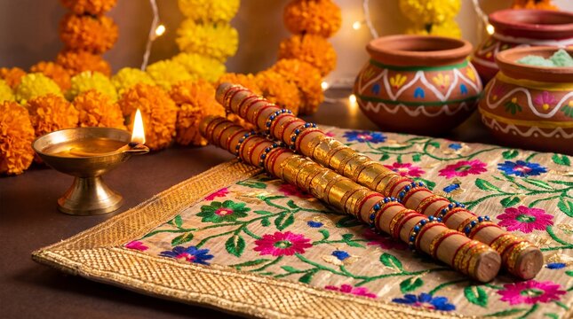 Traditional Indian festival decor with clay pots, flowers and dadiya sticks