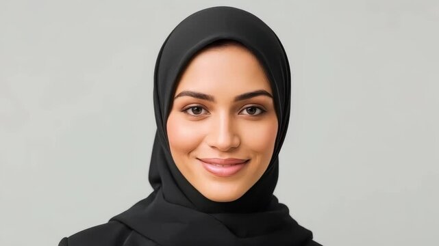 Muslim Woman Black Hijab Gentle Smile Studio Portrait Female Adult Formal Clothing Neutral