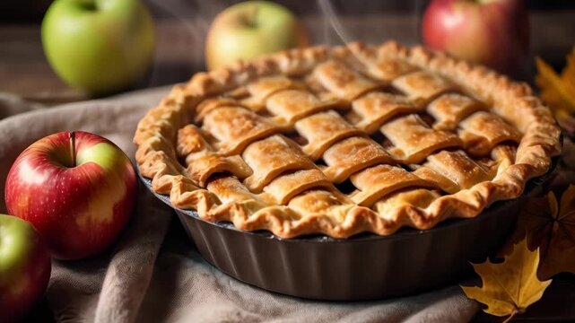 Apple Pie With Lattice Crust, Baked Dessert Pastry, Fresh Apple Autumn Table Scene