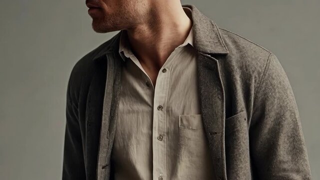 Bearded Man in Gray Jacket and Beige Shirt, Neutral Fashion Clothing Studio Portrait