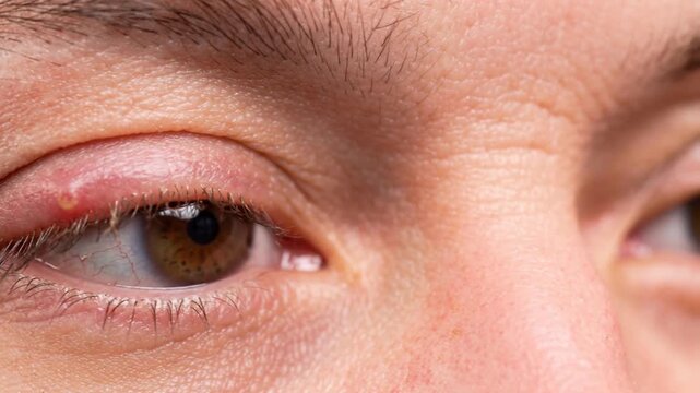 This shows four close-up views of an eye with swelling and redness. The progression shows how the condition changes over time. It could help in understanding eye infections
