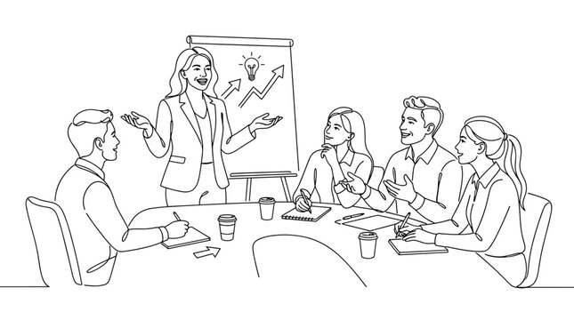 Business meeting line art vector illustration featuring a female leader presenting ideas on a flipchart to team members for coloring pages