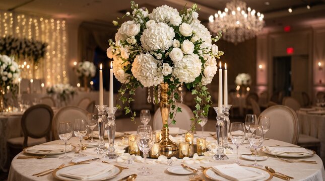 Elegant wedding reception table setting with white floral centerpiece and candlelight