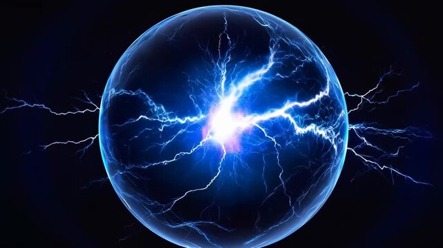 Electric Plasma Sphere with Glowing Blue Lightning Against Dark Black Background