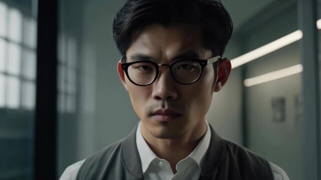 Asian Adult Man Portrait Wearing Glasses and Formal Shirt Modern Office, Serious Professional