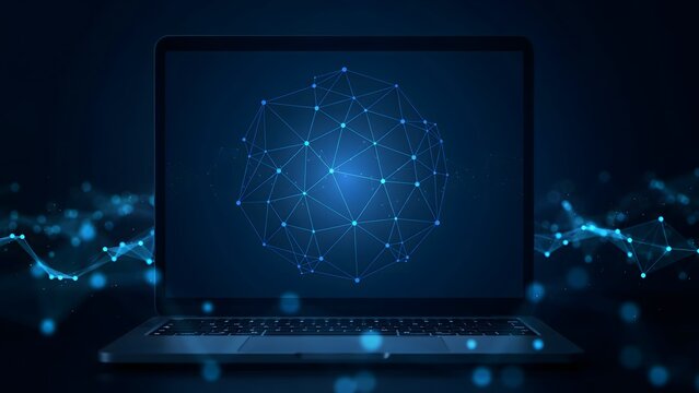 Futuristic Digital Network Connection and Global Data Communication Concept on Laptop Screen in Dark Cinematic Setting