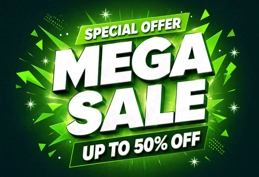 Bright and eyecatching special offer mega sale banner design with discounts up to fifty percent